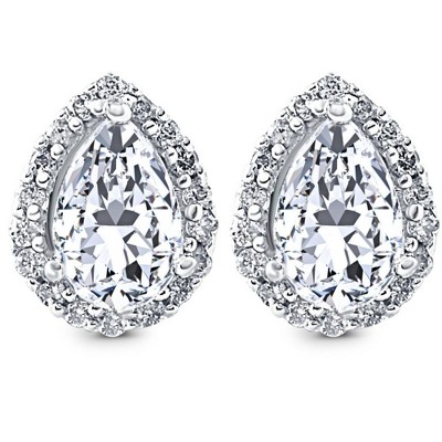 Pompeii3 1/2Ct Pear Shape Halo Screw Back Diamond Studs White or Yellow Gold Earrings