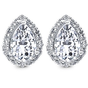 Pompeii3 1/2Ct Pear Shape Halo Screw Back Diamond Studs White or Yellow Gold Earrings - 1 of 3