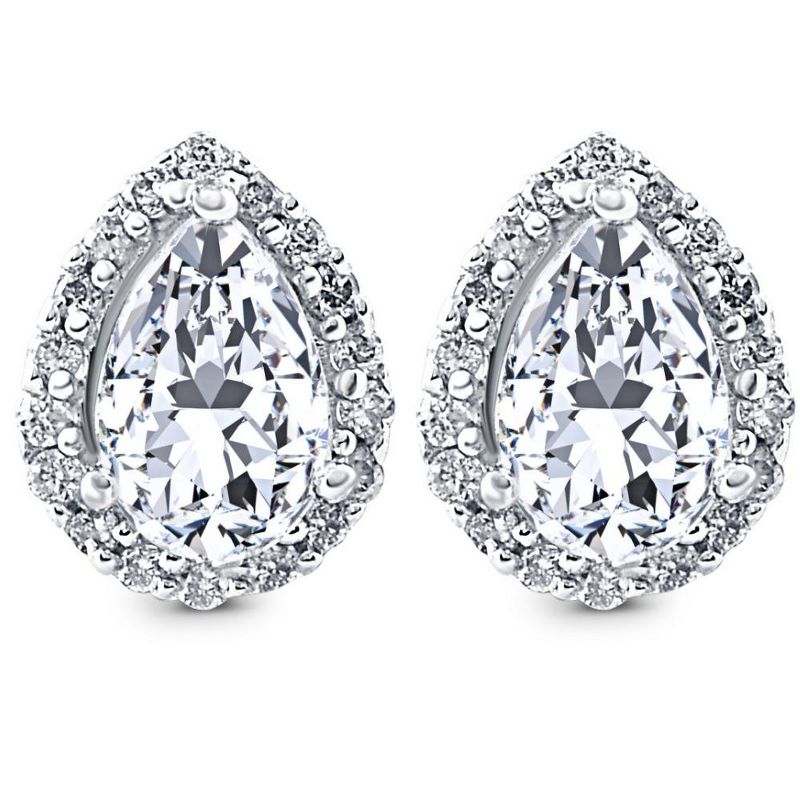 Pompeii3 1/2Ct Pear Shape Halo Screw Back Diamond Studs White or Yellow Gold Earrings, 1 of 4