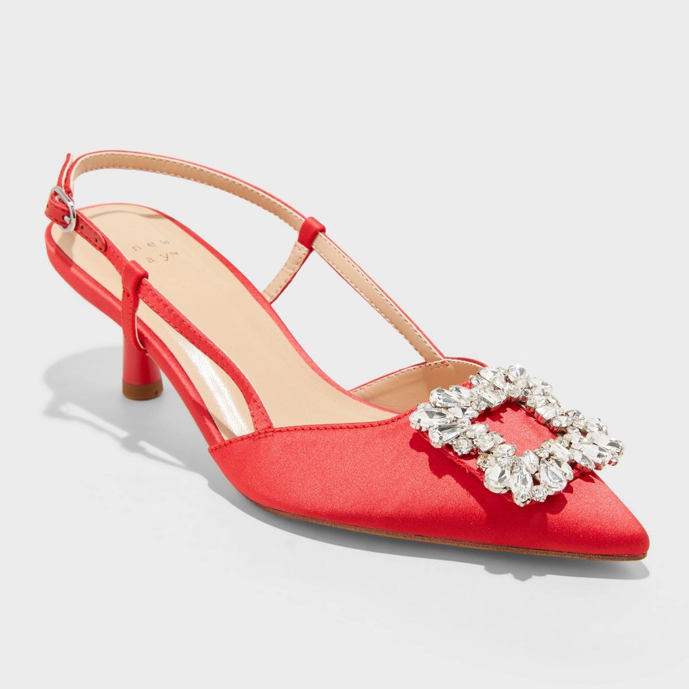 Women's Annette Satin Slingback Heels with Memory Foam Insole - A New Day™ Red 9.5