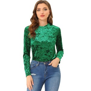 INSPIRE CHIC Women's Casual Vintage Velvet Crew Neck Long Sleeve T-shirts - 1 of 4