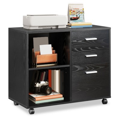 3-Drawer Wood File Cabinet, Mobile Lateral Filing Cabinet, Printer Stand with Open Storage Shelves for Home Office