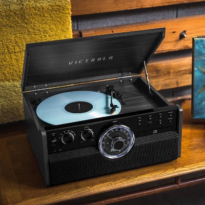 Gray Mid Century Modern Bluetooth Record Player with AM/FM Radio
