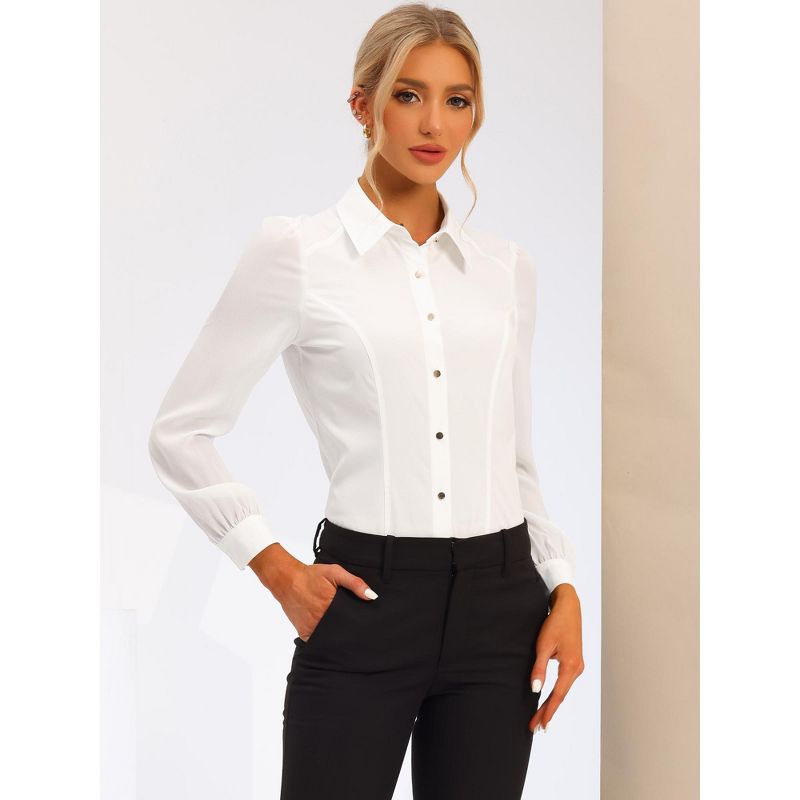 Allegra K Women's Chiffon Long Sleeve Collared Fitted Botton Down Work Office Blouse, 4 of 7