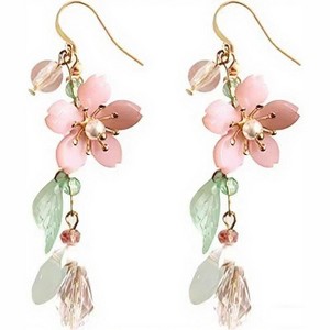 Pink Flower Dangle Earrings for Women, Cherry Blossom Leaf Pearl Design, 2.75 Inches, Fairy Boho Wedding Holiday Floral Earrings-fightingtoge - 1 of 4