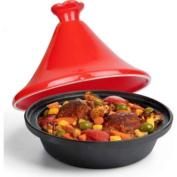 Tagine Moroccan Cast Iron 4 qt Cooker Pot- Caribbean One-Pot Tajine Cooking with Enameled Ceramic Lid- 500 F Oven Safe Dish