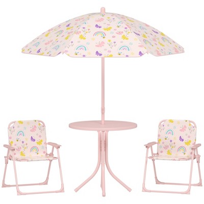 Qaba Kids Picnic Table and Chair Set, Outdoor Activity Table with 2 Foldable Chairs, Removable Umbrella, for Backyard, Garden