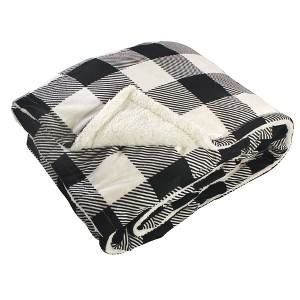 Hudson Home Collection Home Mink Blanket with Faux Shearling Back, Black Cream Plaid Faux Shearling - 1 of 2