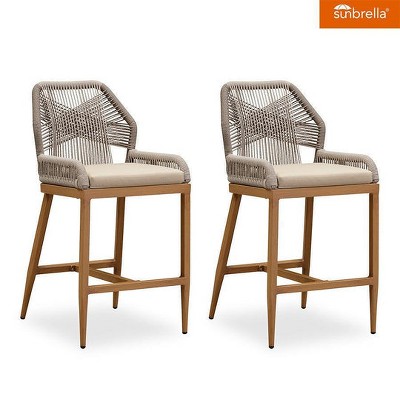 PURPLE LEAF Patio Sunbrella Bar Stools Set of 2 Handwoven Wicker Bar Height Stool Modern Aluminum Outdoor Wicker Barstools with Back and Cushion