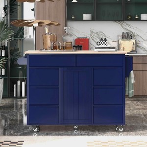 MAYEERTY Dark Blue Kitchen Cart with Rubber Wood Countertop, 8 Handle-Free Drawers Flatware Organizer 5 Wheels - 1 of 4