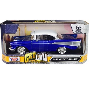 1957 Chevrolet Bel Air Lowrider Candy Blue with White Top "Get Low" Series 1/24 Diecast Model Car by Motormax - 1 of 3