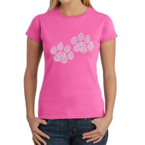 LA Pop Art Women's Word Art T-Shirt - Woof Paw Prints - 1 of 4