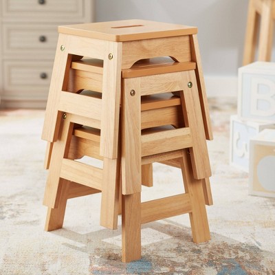 Natural Light Woodgrain Stackable Kids Wooden Stools Set