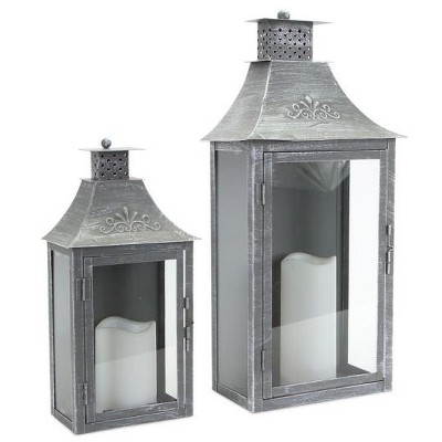 Melrose Set of 2 Rustic Gray Brushed Metal Wall Mounted Pillar Candle Lanterns 19.5"