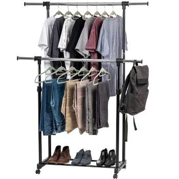 IRIS USA Extendable Double Rod Clothes Rack, Garment Rack, Clothing Rack w/Lockable Wheel