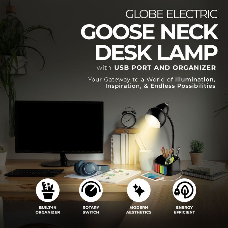 Globe Electric 6.3 x 6.69 x 10.63 Inches Goose Neck Desk Lamp with 10 Watt A-19 Non Dimmable LED Bulb, 2.1a USB Port and Organizer, Black, 3 of 7