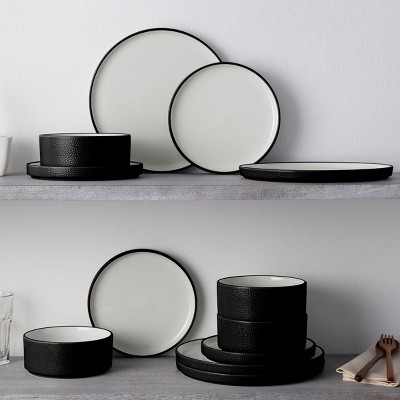 Black and White Porcelain 12-Piece Dinnerware Set, Service for 4
