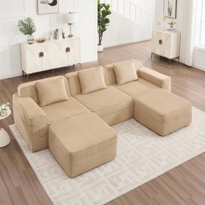RISOKEYS Modular 3 Seat U Shape Sectional Boneless Sofa - Corduroy Cloud Sectional Couch with Deep Seat, Throw Pillows & 2 Movable Ottomansv - 1 of 4