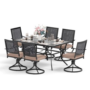 Captiva Designs 7pc Outdoor Patio Dining Slat-top Rectangle Steel Table & Swivel Metal Chairs with Cushions - 1 of 4