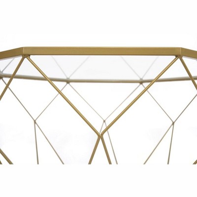 Malibu 22" Gold Octagon Glass Coffee Table with Geometric Metal Base
