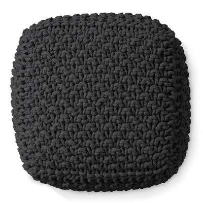 Black Hand-Knitted Cotton Square Pouf Ottoman