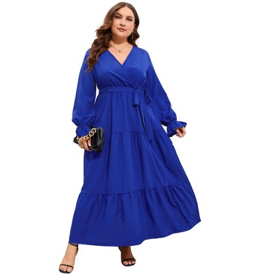 Plus Size Women's V-Neck High Waist Maxi Dress with Tiered Ruffle Hem and Long Sleeves