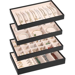 4-Piece Stackable Jewelry Organizer Trays made of PU leather with removable dividers for earrings, necklaces, rings, and bracelets - 1 of 4