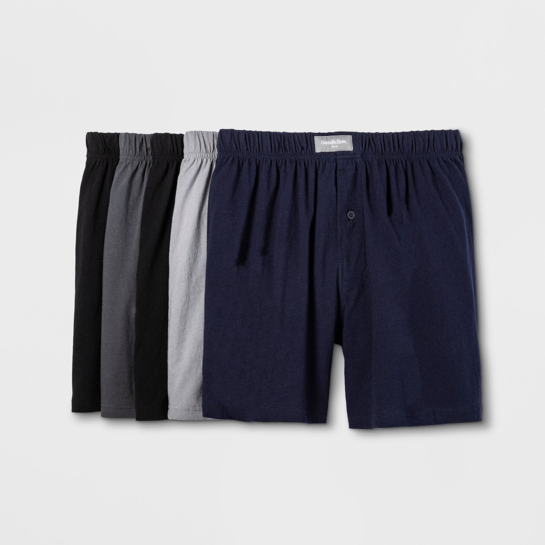 Men's Knit Boxers 5pk - Goodfellow & Co™ Black/Gray/Navy M: Mid Rise, Fly Button, Jersey Fabric