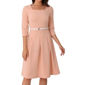 INSPIRE CHIC Women's Work Elegant Square Neck 3/4 Sleeve Belted Pleated a Line Church Midi Dress - 1 of 4