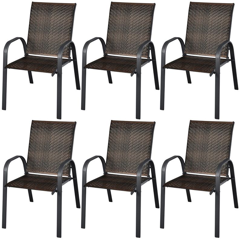 Costway Set of 6 Patio Rattan Dining Chairs Stackable Armrest Garden Mix Gray\Mix Brown, 1 of 9