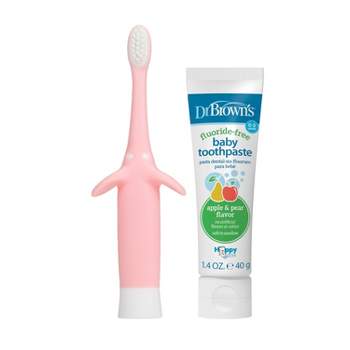 Dr. Brown's Infant-to-Toddler Training Toothbrush Set & Fluoride-Free Baby Toothpaste Pear & Apple Flavor - Pink Elephant - 1.4oz