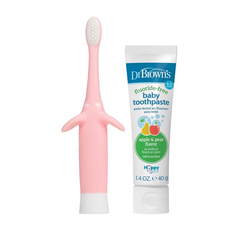 Dr. Brown&#39;s Infant-to-Toddler Training Toothbrush &#38; Fluoride-Free Baby Toothpaste Pear &#38; Apple Flavor - 0-3 years - Pink Elephant, 1 of 8