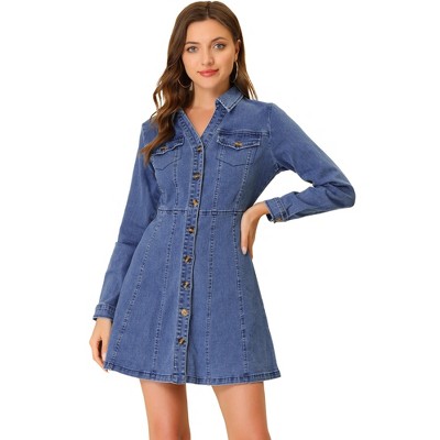 Allegra K Women's Button Down Collar V Neck Long Sleeve A-line Denim Dress