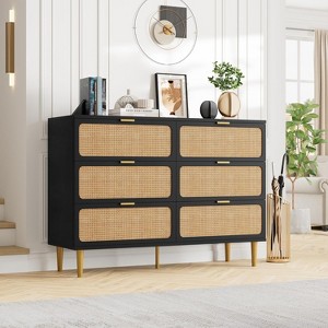 coucheta Rattan 6 Drawers Dressers for Bedroom, Modern Long Wooden Chest of Drawers for Closet with Wide Top, for Living Room, Hallway, Kids Room - 1 of 4