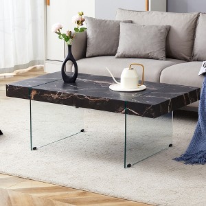 Modern Coffee Table Glasss Cocktail Table Center Table End Table Side Table Accent Table with Marble-Patterned Top, White/Wood/Black-ModernLuxe - 1 of 4