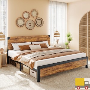 Garvee Bed Frame with 4 Storage Drawers, Heavy Duty Metal Platform with Wood Headboard, Noise-Free, No Box Spring Needed,Ideal for Small Bedrooms - 1 of 4