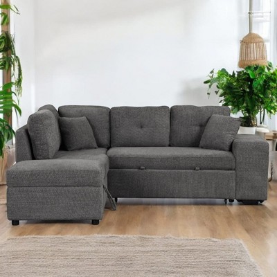 Alilang 87.70 inch Sectional Sofa with Pull-Out Bed Storage Chaise and Tufted Cushions- Dark Gray