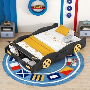 CAVINAS Twin/Full Size Platform Bed with Wheels and Storage Space,Car-Shaped Bed Frame,Dark Blue/Black - 1 of 4