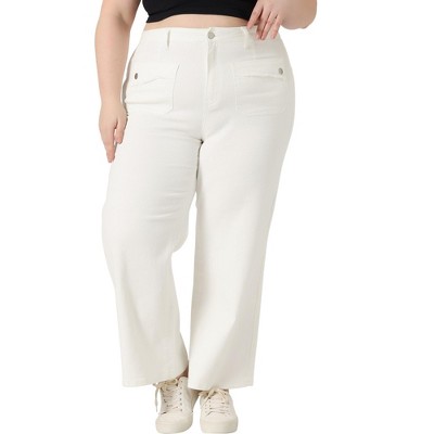 Agnes Orinda Women's Plus Size Casual Stretch Washed Pockets Wide Leg Palazzo Denim Jeans