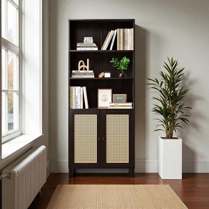 Mshliw 70.9" Tall Bookcase with Rattan Doors, 5-Tier Storage Wood Bookshelf for Living Room, Storage Cabinet for Bedroom, Library, or Home Office - 1 of 4