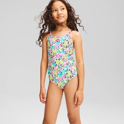 Cat & Jack Girls' Leopard Palm Tree One Piece Swimsuit - Cat & Jack™ Cream/Pink/Blue L