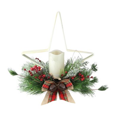 Gerson 15" Pine Needle, Berry and Jingle Bell Star Shaped Candle Holder - White