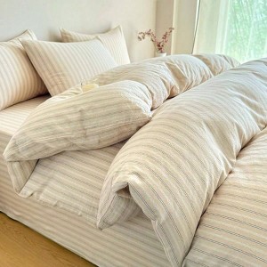 Beige Striped Duvet Cover Set, Queen Size, 100 Washed Cotton, Wide Pinstripes - 1 of 4
