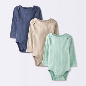 Baby 3pk Solid Long Sleeve Wide Ribbed Bodysuit - Cloud Island™ - 1 of 4