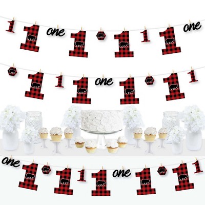 Big Dot of Happiness 1st Birthday Lumberjack - Channel the Flannel - Buffalo Plaid First Birthday Party Decor - Clothespin Garland Banner - 44 Pieces