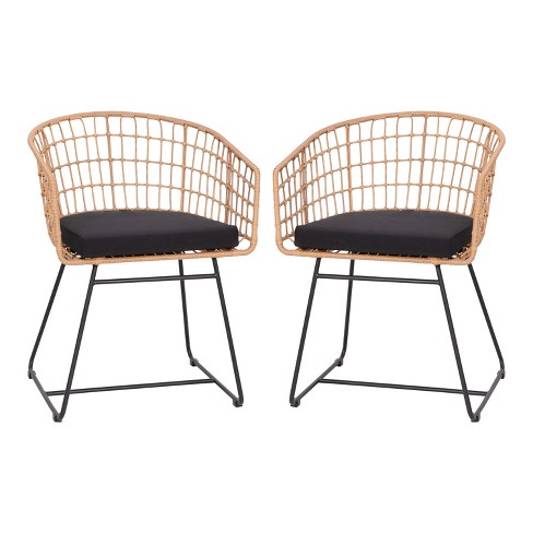 Emma and Oliver Set of Two Boho All Weather Natural Faux Rattan Rope Chairs with Padded Black Cushions for Indoor and Outdoor Use