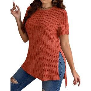 Women's Plus Size Tops Crew Neck Short Sleeve Split Hem Tee Shirt Casual Summer Ribbed Knit Blouses - 1 of 4