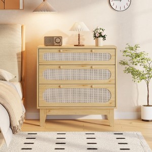 Rattan Nightstand with 3 Drawers, Modern Large Bedside Table Night Stand for Bedroom - 1 of 4