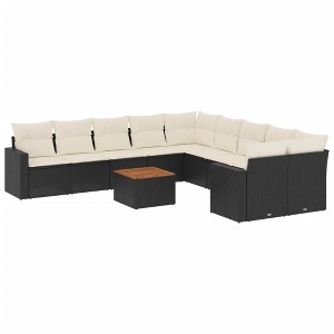 vidaXL 11 Piece Patio Sofa Set with Cushions Black Poly Rattan - Black and Cream Table + 6x Middle + 2x Corner - 1 of 4
