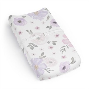 Sweet Jojo Designs Girl Changing Pad Sheet Watercolor Floral Purple Pink and Grey - 1 of 4